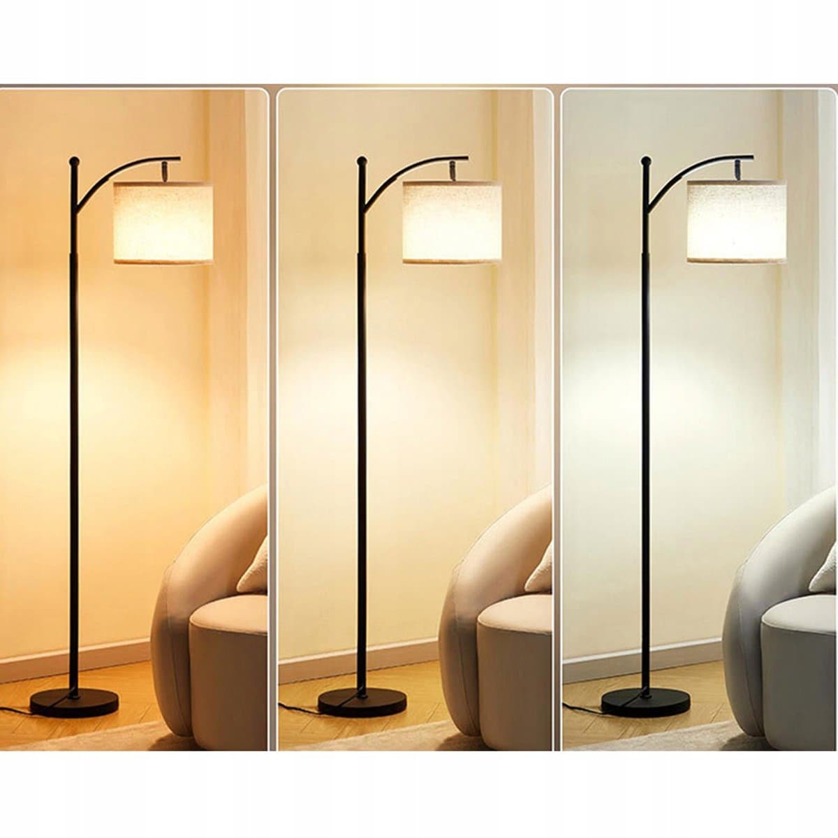 Vloerlamp - Staande Lamp - 175cm Metalen Frame - Met Drie Lichtstanden & Voetschakelaar - Zachte Stof Kap - Voor Sfeerverlichting in Woonkamer & Slaapkamer thumbnail 6