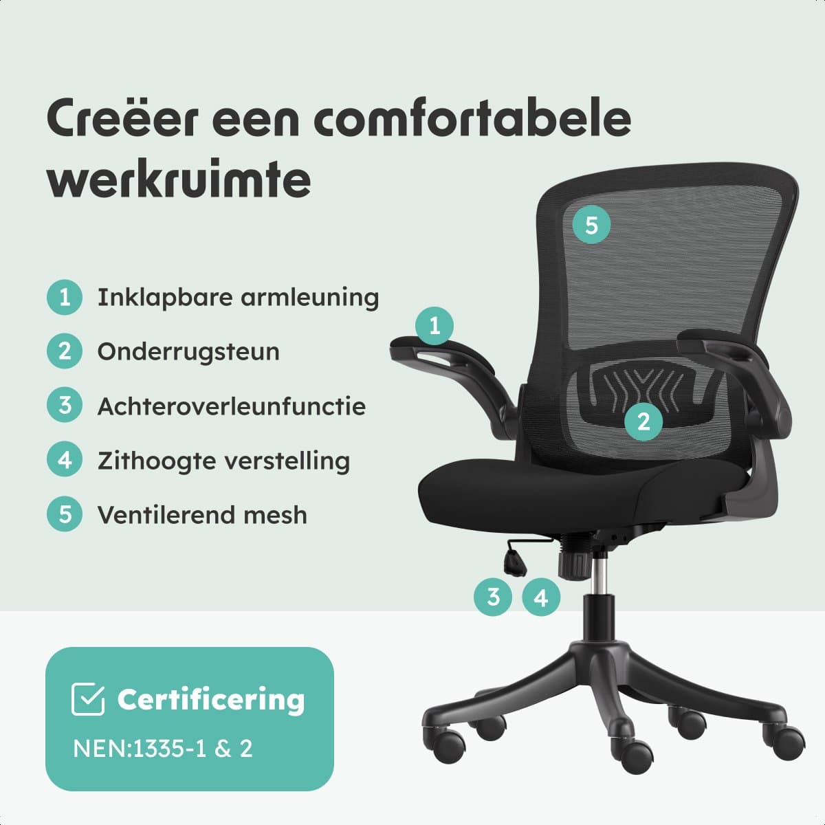 LifeGoods Ergonomische Bureaustoel - NEN1335-gecertificeerd - Gamestoel - Office Chair - Volwassenen - Kantoorstoel - Verstelbaar - Zwart thumbnail 3