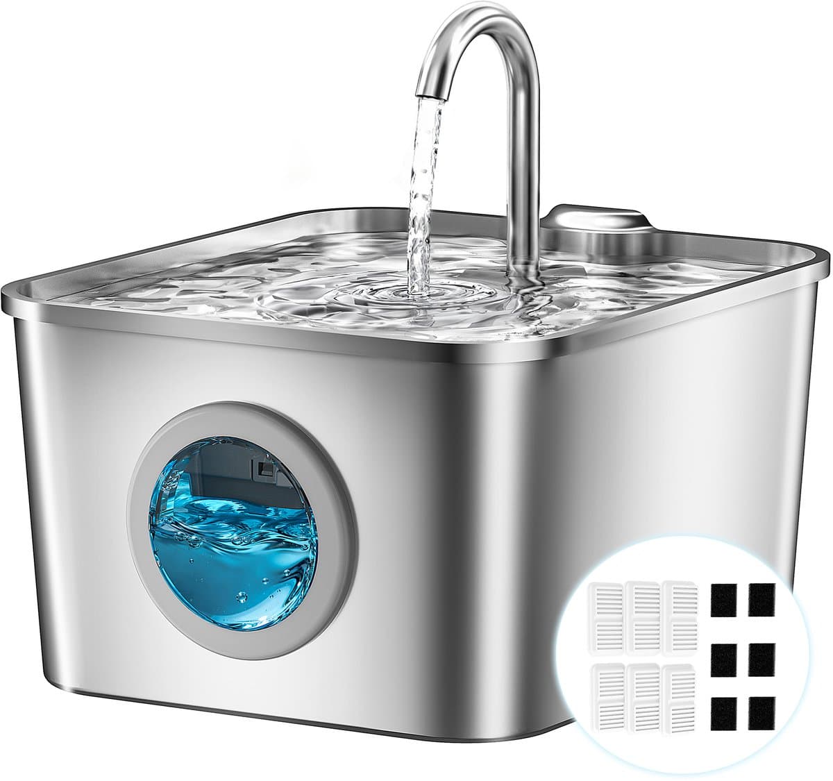 BalimoPet Drinkfontein Kat en Hond -Roestvrijstalen pallet - Kattenfontein 2.5L - Waterdispenser Met LED - Incl. 6 Filters en cleaning tool + 6 sponzen - Fluisterstil