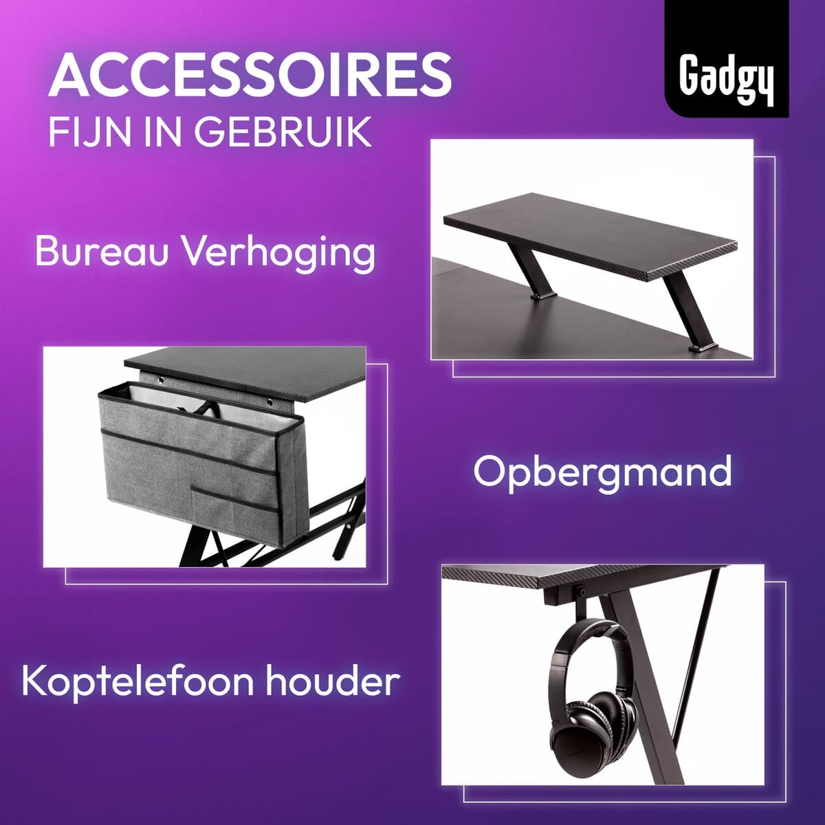 Gadgy Gaming Bureau Carbon PRO - Game HoekBureau 130 CM Breed - Game Bureau met Carbon Details - Gaming Desk met Koptelefoonhouder, Scherm Verhoging & Opbergmand - Level Up met Gadgy - Zwart Carbon thumbnail 3