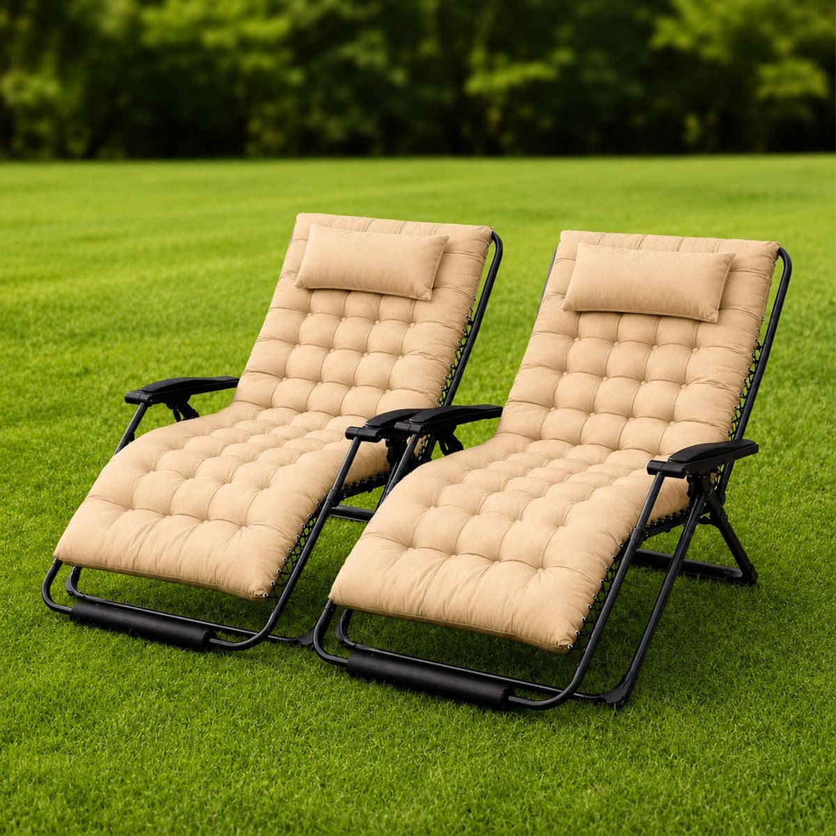 FlinQ 2x XL Relax Tuinstoelen Cloud Comfort Deluxe - Verstelbare Zero Gravity Relaxstoel - Extra breed - Extra dikke kussens - Hoofdkussen & Bekerhouder/Tafeltje - Ligstoel - Tuinmeubelen - Ideale Campingstoel - Ook voor Tuin of Balkon thumbnail 6