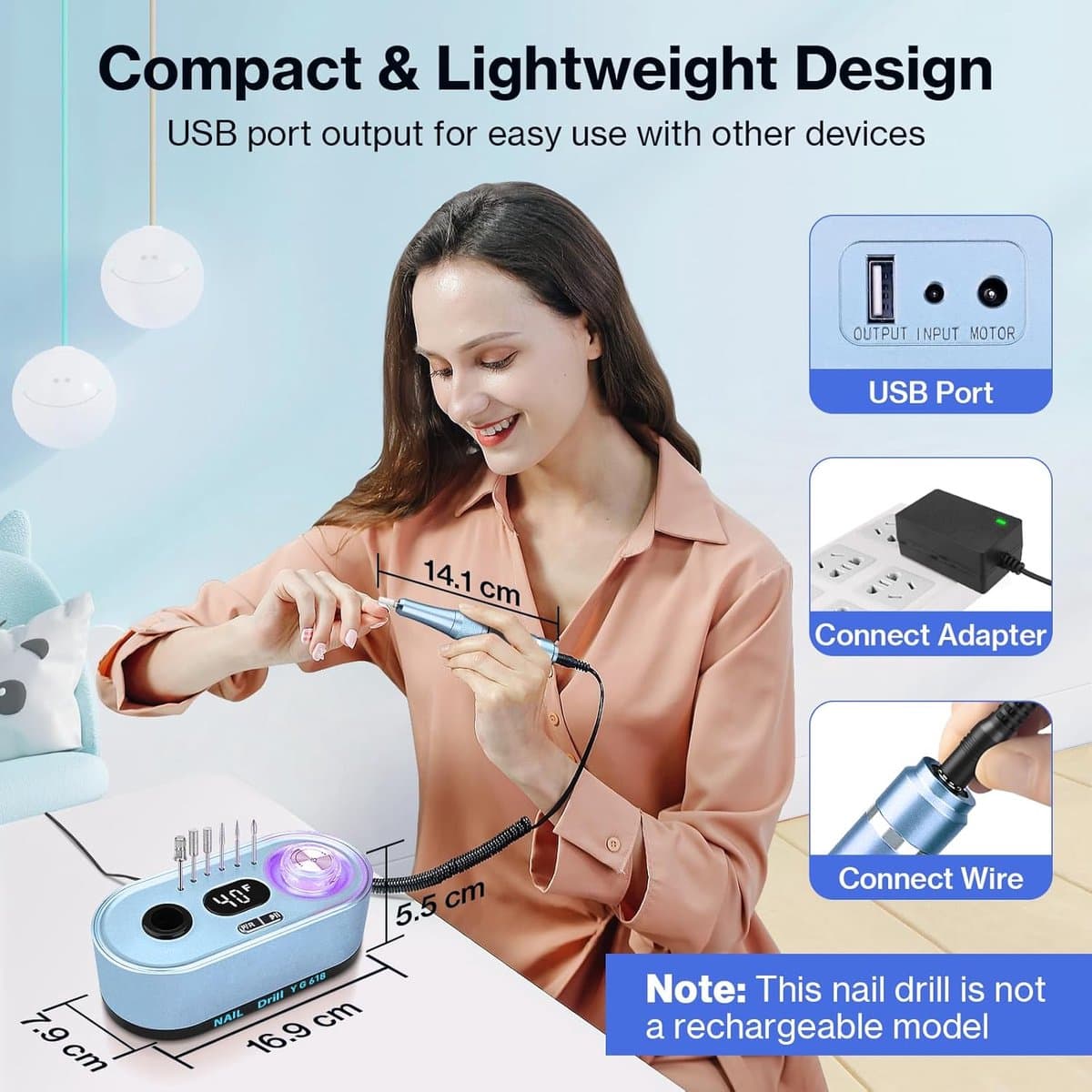 SnelShoppen - Professionele Nageldroger 40000RPM, Elektrische Nagelvijl voor Acryl en Gel Nagels, Multifunctioneel Nagelset met 12 Bits, Luminous Touc thumbnail 6