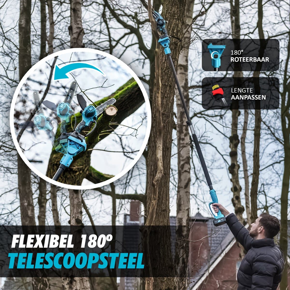 Trimmex® Mini kettingzaag + Telescopische steel - Inclusief 2 Led-Accu's - 2X 4000mAh - Elektrisch Handkettingzaag - Snoeizaag - Takkenzaag - Handzaag - Boomzaag - Automatische Kettingsmering - Brushless thumbnail 5