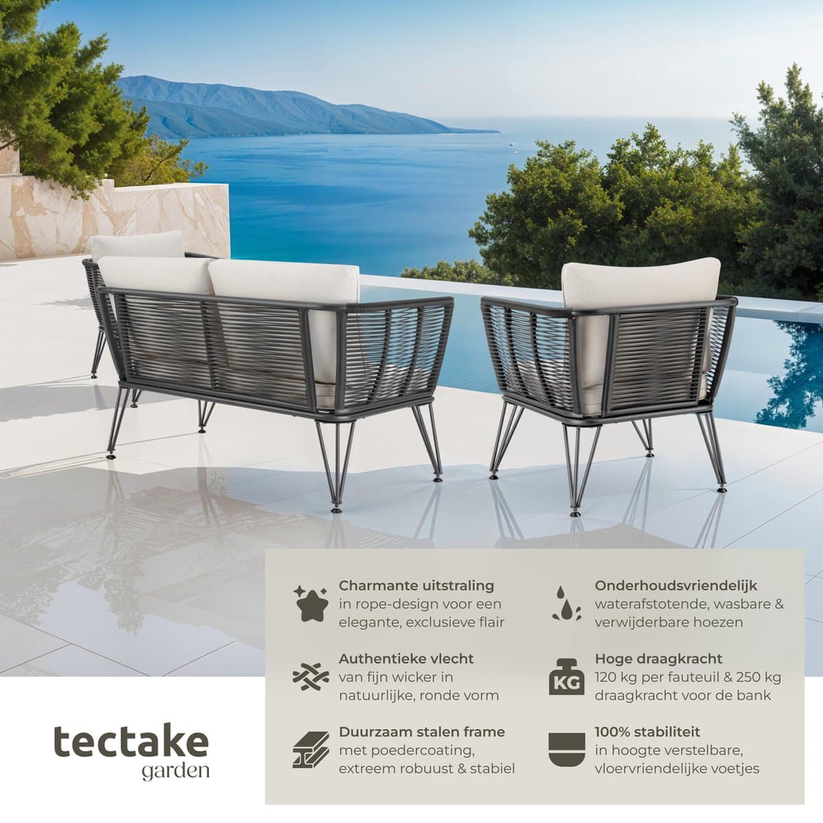 tectake® Loungeset Sundo - Tuinset in Rope-Design - Tuinbank en Tuinstoelen met Kussens - Weerbestendig thumbnail 8