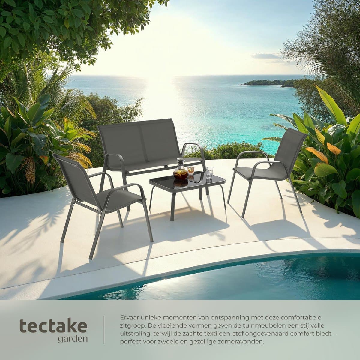 tectake® Tuinset Nora - Moderne Zitgroep voor 4 Personen - Loungeset met Tuinbank en 2 Tuinstoelen van Ademend, Waterafstotend Textileen-Weefsel - Balkonset Met Bijzettafel - Luxe Tuinmeubelset - Antraciet thumbnail 7