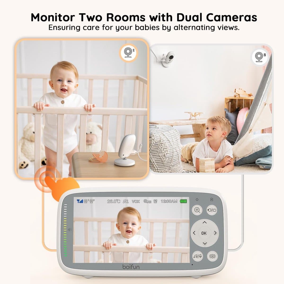BOIFUN Video Babyfoon met 2 camera's - 720P IPS-scherm - onzichtbaar infrarood nachtzicht - VOX-modus - geen wifi thumbnail 4