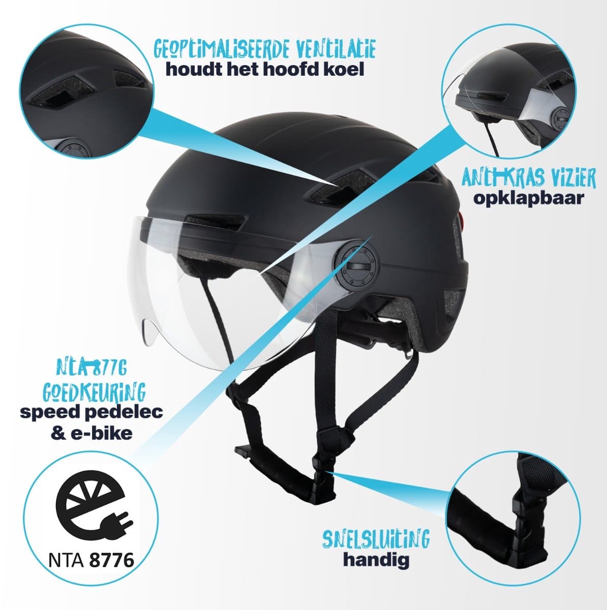 VINZ Munda Speed Pedelec Helm - Vizier - E-bike & Snorscooter - LED licht - NTA 8776 Gekeurd - S,M,L,XL - Mat Zwart thumbnail 4