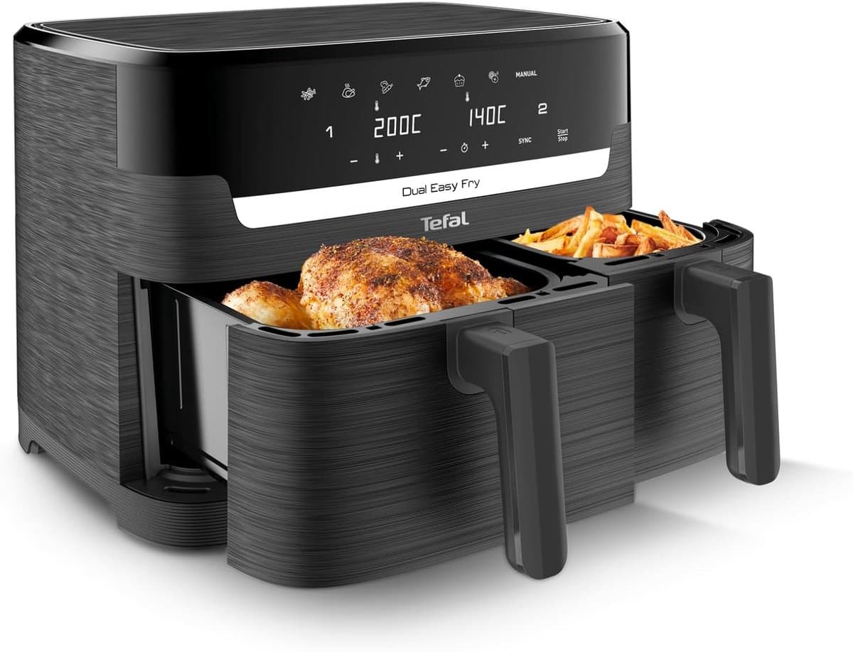Tefal Easy Fry Double Zone Digital Air Fryer, 2 Drawers, 8.3 L, 8-in-1, Air Frying, Extra Crunchy, Roasting, Baking, Warming, Dehydrating, 6 Servings, Non-Stick Coating, Baskets Suitable for