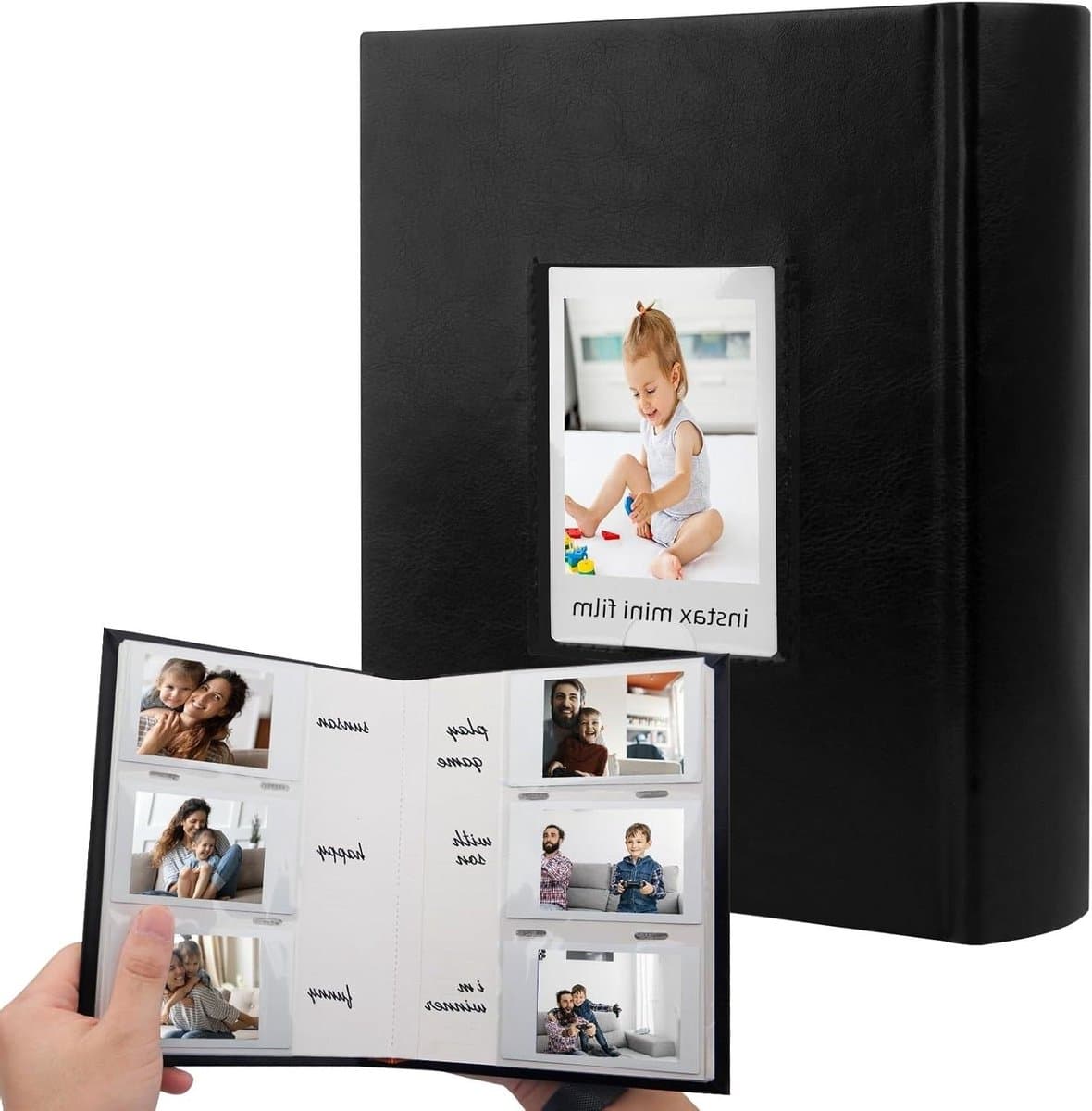 180 Pockets Photo Album for Fujifilm Instax Mini 12 11 9 8+ 8 7s 99 40 Evo Camera, Front Window Photo Book with Writing Space for Polaroid 3 Inch Instant Film, K-pop Photo Cards (Black)