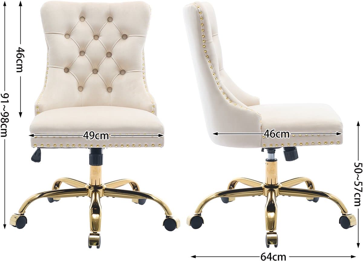 HAUSS SPOLE Bureaustoel – Luxe Fluwelen Design – Verstelbaar En Draaibaar Met Brede Zitting En Goudkleurige Metalen Voet – Voor Thuiswerk En Kantoor – Beige thumbnail 7