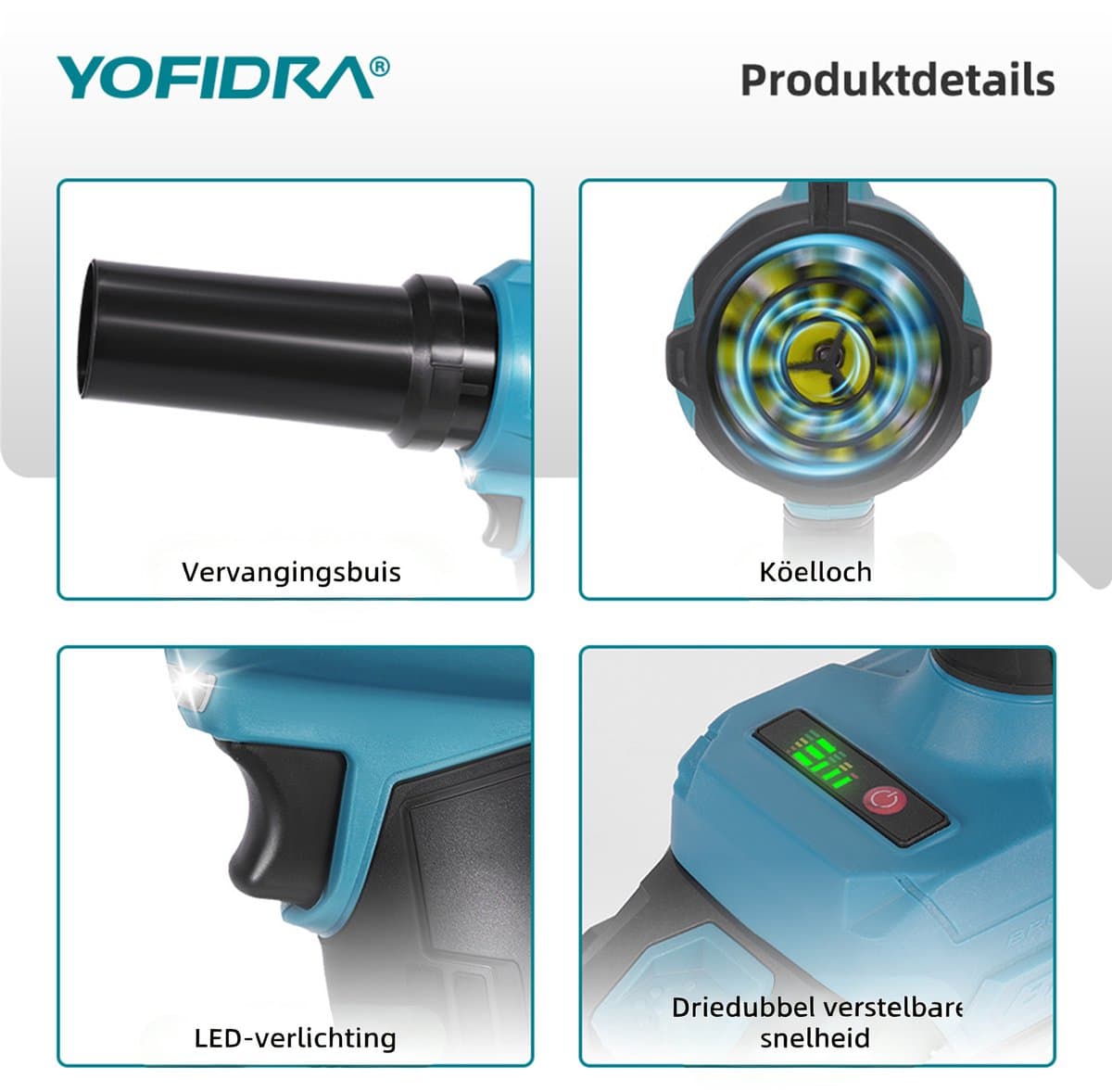 Yofidra Accu Bladblazer met 2x 4500 mAh Accu - 300 m/s Turbo Blazer - Borstelloze Motor - Blaaskracht 1,2 kg - voor Auto-Reiniging, Verwijdert Stof en Sneeuw thumbnail 5