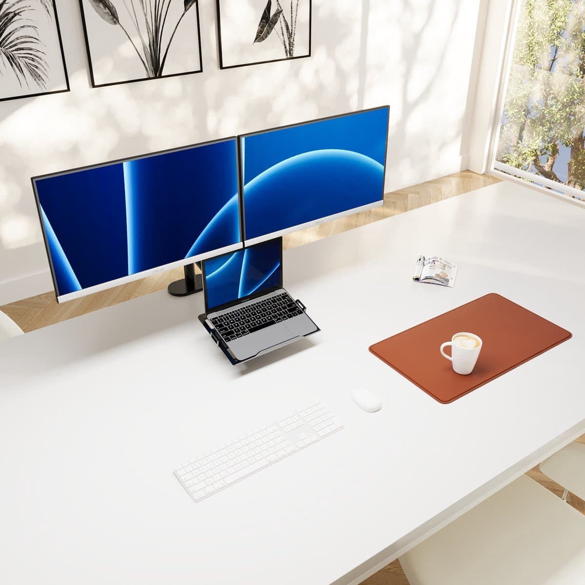 Alberenz® Dubbele Monitor Arm met Laptop Standaard zwart - Monitor beugel voor 2 schermen - Monitorbeugel - Ergonomisch ontwerp - Laptopstandaard thumbnail 2