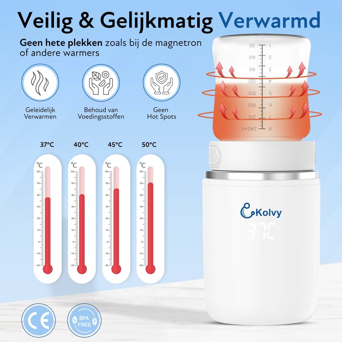 Kolvy® Flessenwarmer Onderweg - Intelligente Flesverwarmer - Bottle Warmer - 4 Temperatuurniveaus - Draadloos - Inclusief 3 Adapters - USB Oplaadbaar thumbnail 3