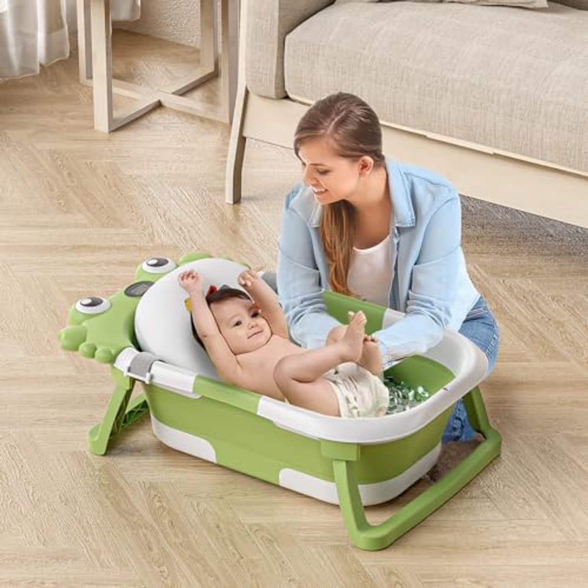 Opvouwbare babybadkuip met temperatuurmonitor en drijvend kussen - Draagbaar reisbad voor baby's en peuters thumbnail 5