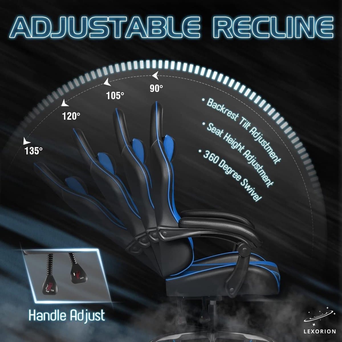 Lexorion Gaming Stoel – Ergonomische Gaming Chair – Inclusief Gratis RGB Gamingmuis Cadeau – Verstelbaar – Lederen Gamestoel – 136 kg – Blauw – Bureaustoel thumbnail 2