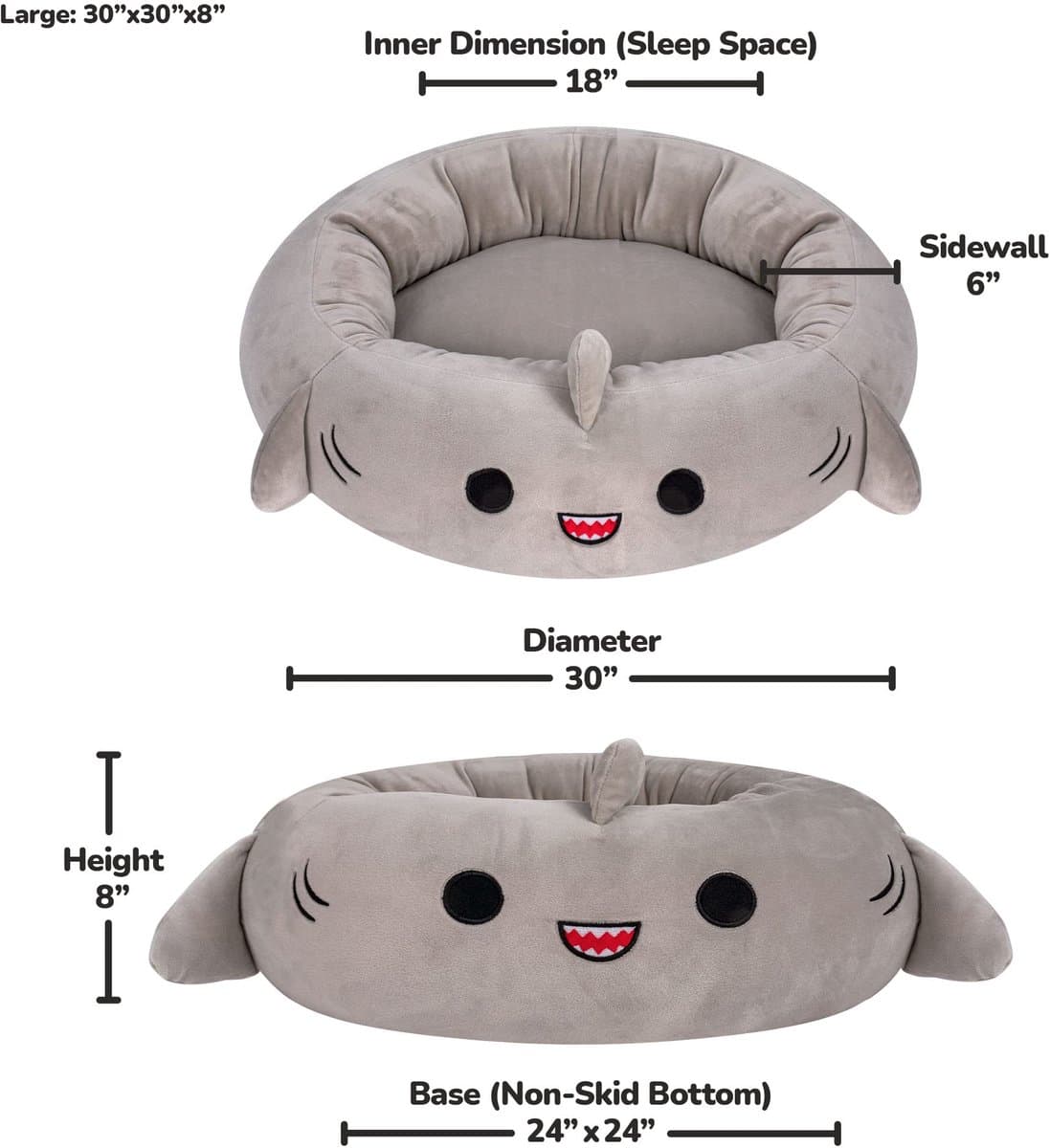 Squishmallows Gordon Shark Huisdierbed, 30 inch groot, ultrazacht, officieel pluchen huisdierbed, grijs thumbnail 3