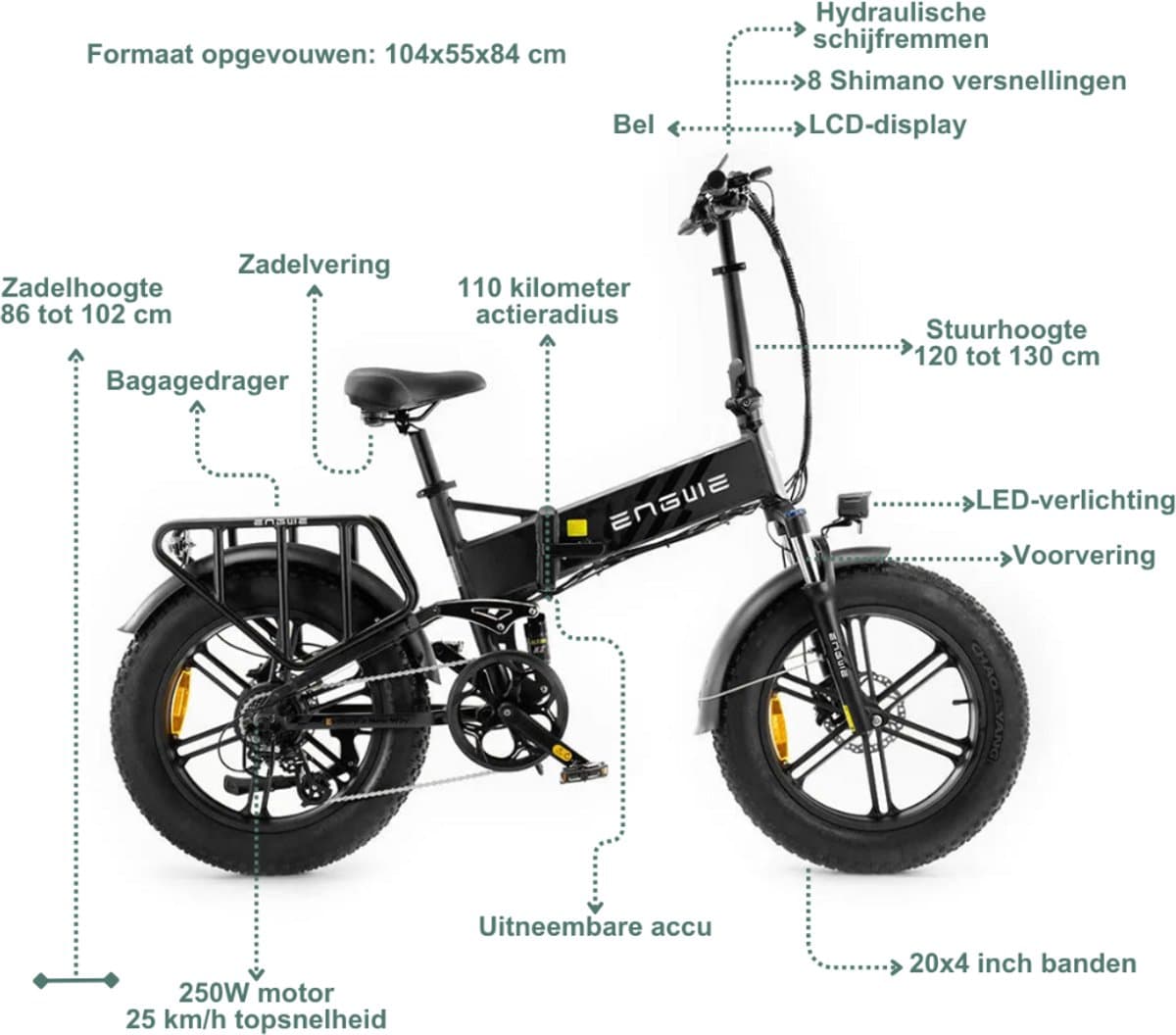 ENGWE Engine Pro 2.0 Elektrische Vouwfiets - Fatbike - 20 Inch - 250W Motor - 8 Versnellingen - 110 km Actieradius - Hydraulische Schijfremmen - Zwart thumbnail 7