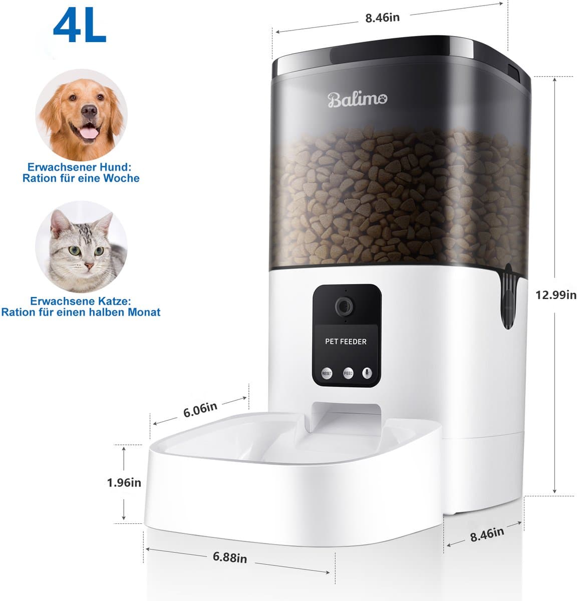 Balimo Automatische voerbak Wit - Kat en Hond - Voerautomaat met App en Camera - Instelbaar voedingsschema - Met Voice Recorder - Met HD 1080P Video - Voerautomaat hond - Voerautomaat dispenser kat - 4L thumbnail 2
