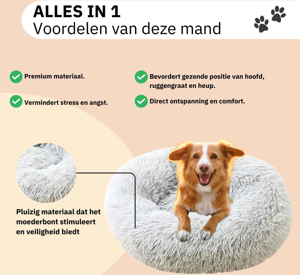 Donut Hondenmand - Kattenmand - Maat M - 60cm (ligvlak van 45cm) - Lichtgrijs - Fluffy en Wasbaar thumbnail 2