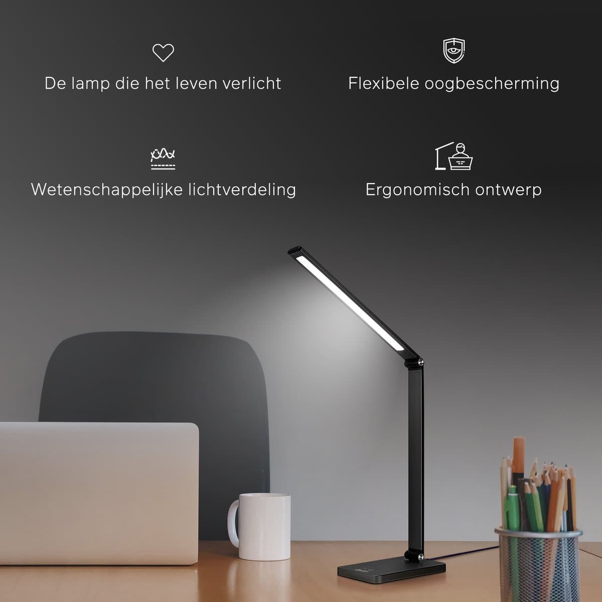 Bintoi DL200 - Bureaulamp LED Dimbaar - Leeslamp - Bedlamp - Touch Control - Wit en Warm Licht - Draadloos Mobiel Opladen - Zwart thumbnail 4