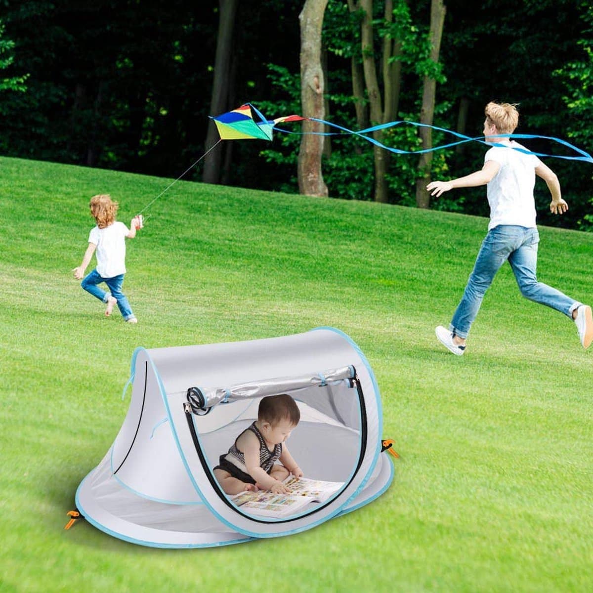 Fuegobird BabyBox Campingbedje - Baby Tentje - UV-beschermingsniveau UV50+ - Blokkeer Muggen - Opvouwbare opslag - Versterking van grondspijkers - Zilver Grijs/Blauw thumbnail 8