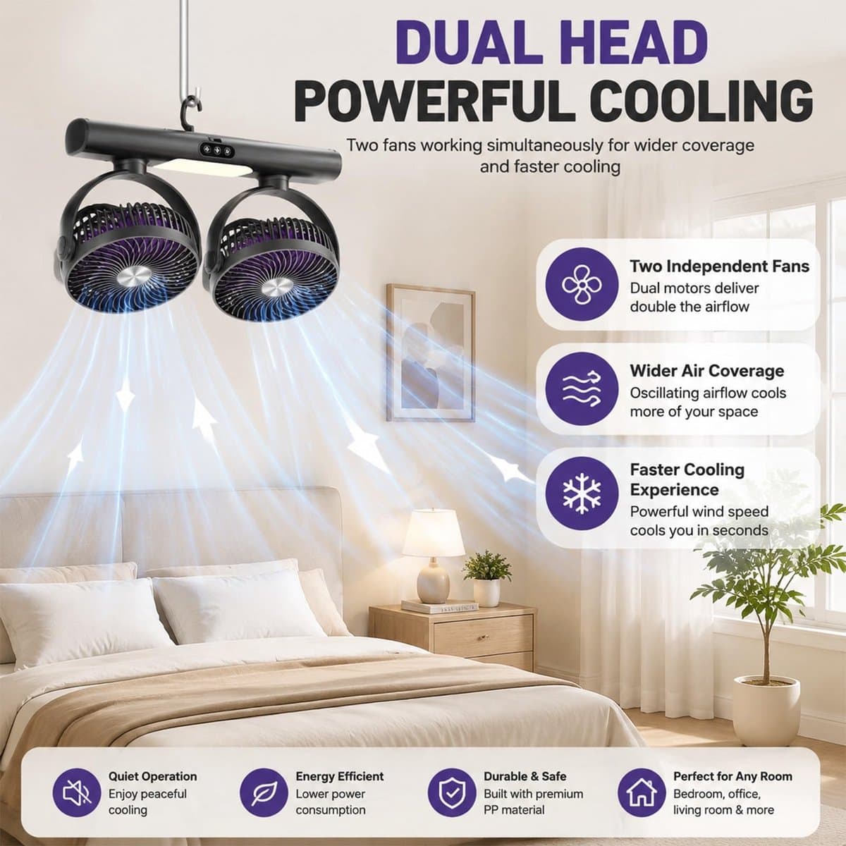 Kraftverdia® Dubbele Luchtcirculator – USB Oplaadbare Bureauventilator met 2 Ventilatorkoppen – Tafel-, Hang- en Wandventilator – 3 Snelheden – LED Verlichting – Type-C – Grijs thumbnail 7