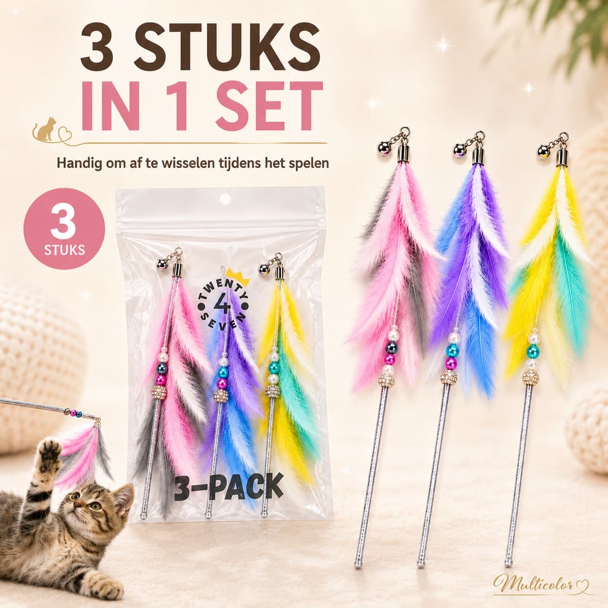 Twenty4seven® Kattenhengel 3-Pack - Kattenspeeltjes met Veer - Kattenspeelgoed - Interactief & Intelligentie - Speelgoed voor Katten & Kittens thumbnail 7