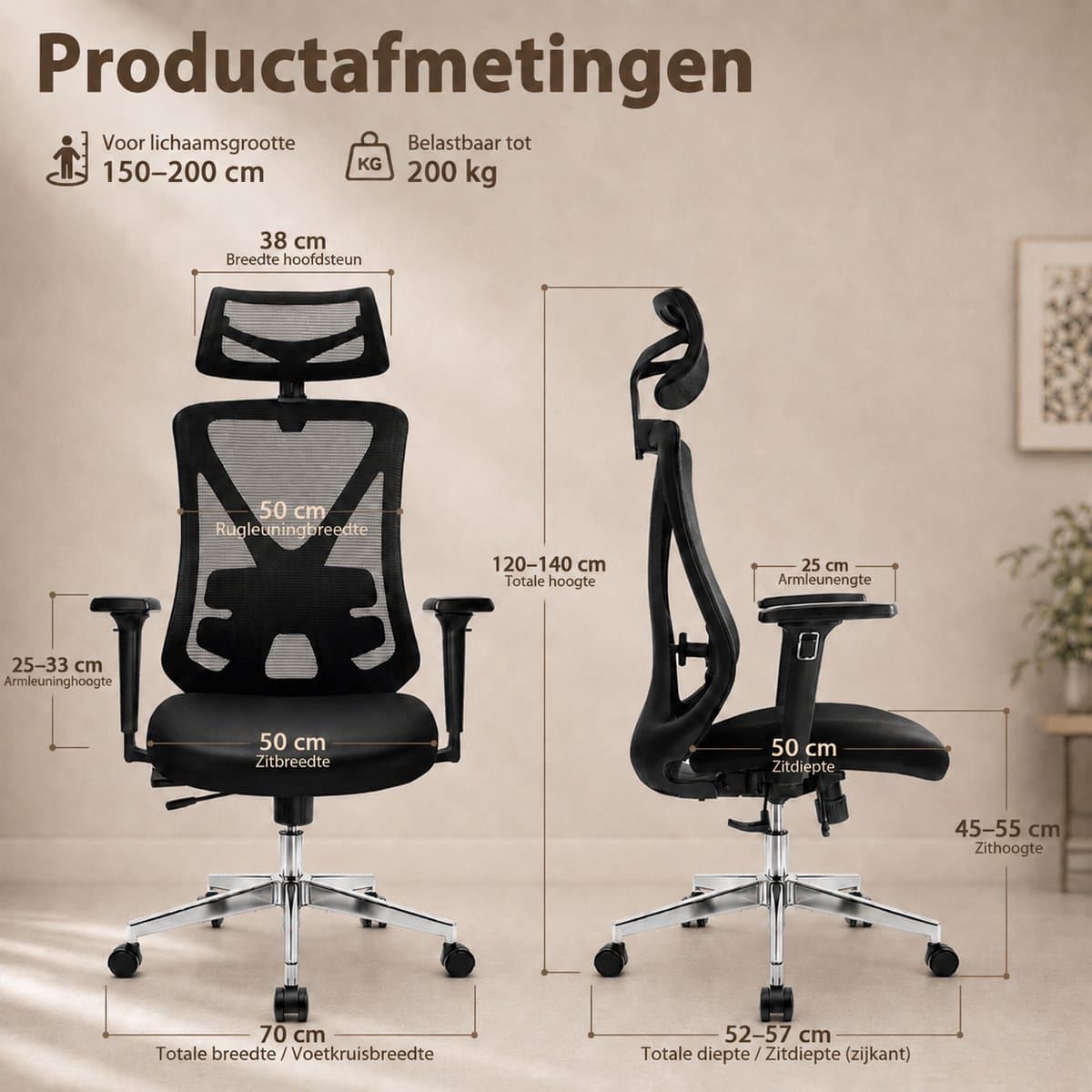 Durrafy Ergonomische Bureaustoel 200 kg - NEN-EN1335 Gecertificeerd - Bureaustoelen voor Volwassenen - Office Chair - Computerstoel met 2D Hoofdsteun, 3D Armleuningen, Lendensteun, Zitdiepteverstelling en Ademend Mesh - Zwart thumbnail 2