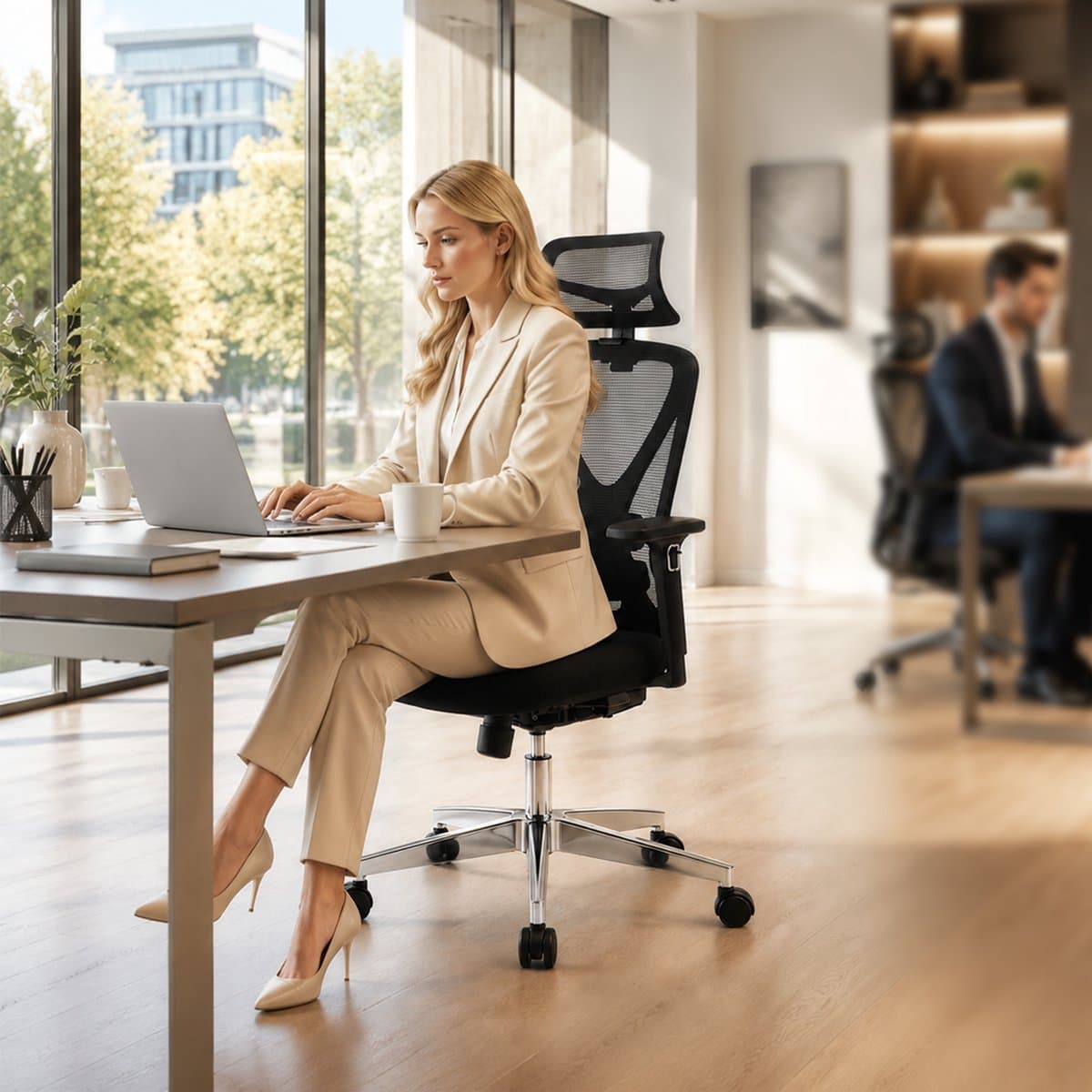Durrafy Ergonomische Bureaustoel 200 kg - NEN-EN1335 Gecertificeerd - Bureaustoelen voor Volwassenen - Office Chair - Computerstoel met 2D Hoofdsteun, 3D Armleuningen, Lendensteun, Zitdiepteverstelling en Ademend Mesh - Zwart thumbnail 6