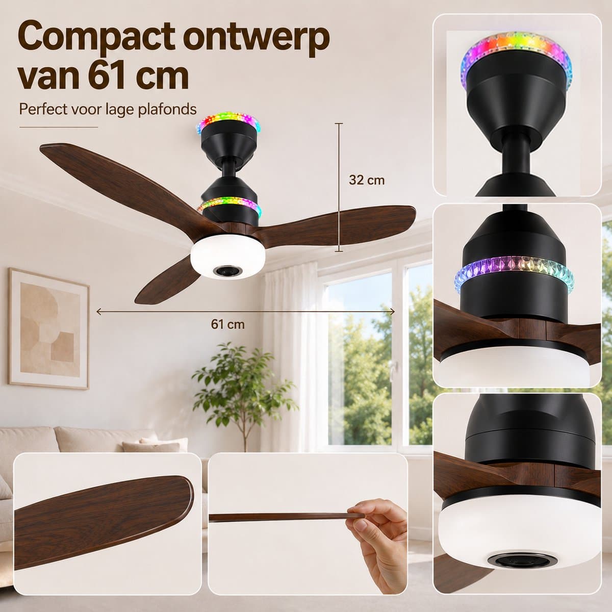 MUPOO Houtlook plafondventilator met verlichting RGB Ø61cm-RGB LED plafonventilator afstandsbediening met Bluetooth Speaker-plafonniere met ventilator met 3 Snelheden & Slaapmodus- ventilator lamp plafond Voor slaapkamer,Woonkamer veranda thumbnail 4