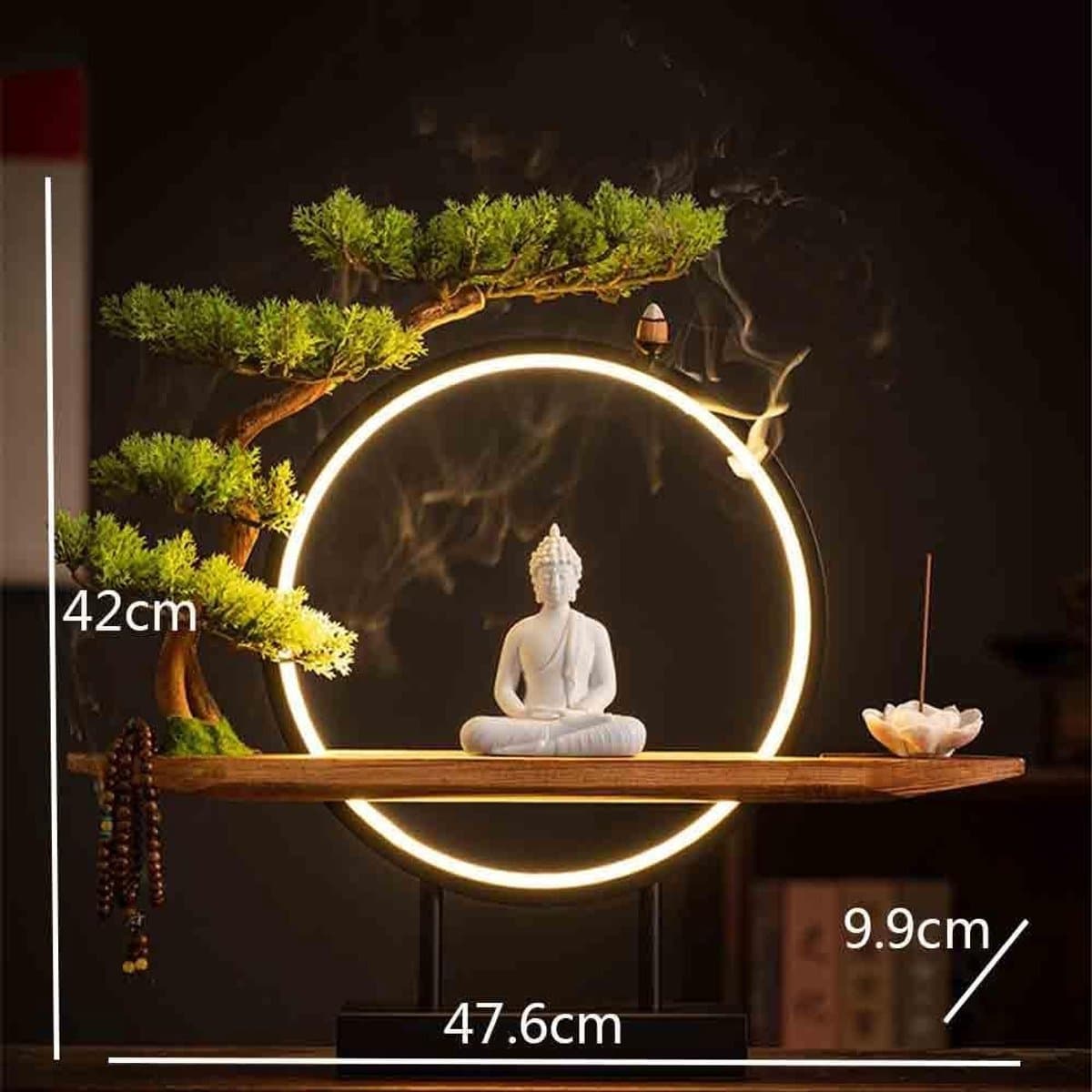 Decoratie Boeddha - Feng Shui - Huis Verfraaien - Keramiek met Lichtring - 9x9x11 cm - Wit thumbnail 4