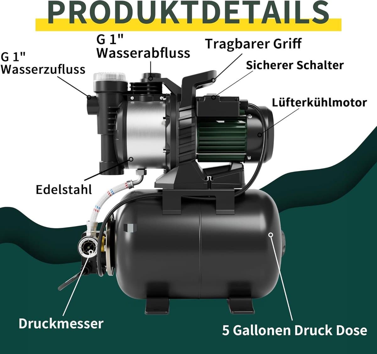 Huiswaterinstallatie Pomp - Automatische Waterpomp - Tuin Sproeien - Roestvrij Staal - 5000 L/U - Groen Zilver thumbnail 7