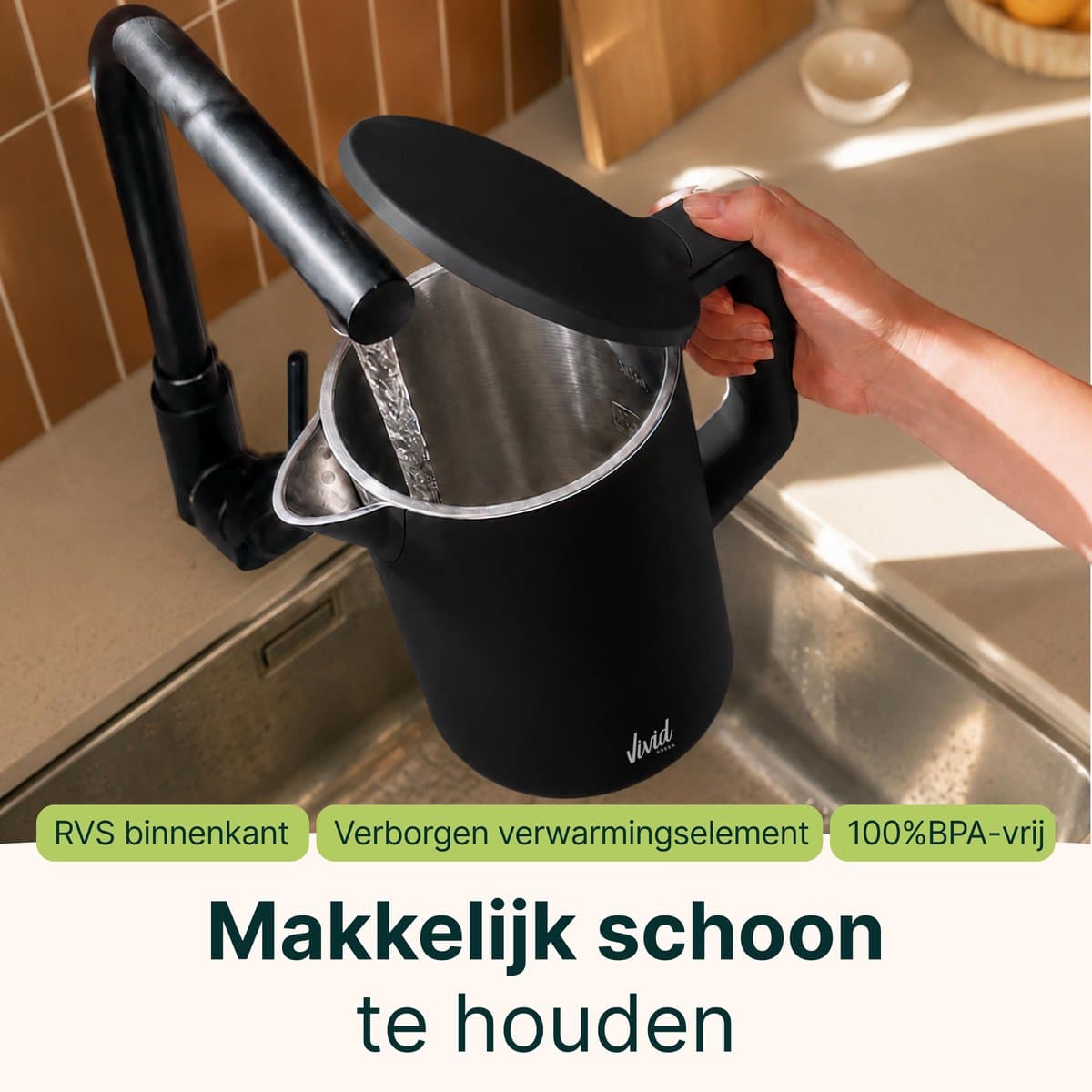 Vivid Green Waterkoker - 1.7L - Dubbelwandig - BPA-vrij - RVS - 2000W - Elektrisch - Zwart thumbnail 8