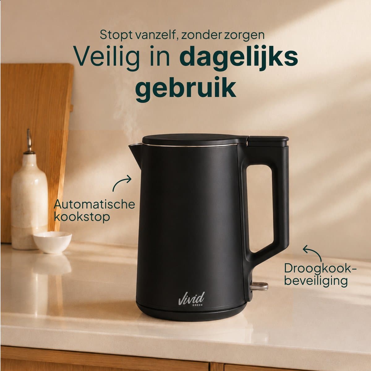 Vivid Green Waterkoker - 1.7L - Dubbelwandig - BPA-vrij - RVS - 2000W - Elektrisch - Zwart thumbnail 5