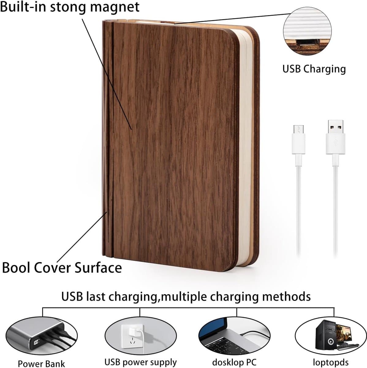 12 Cm Boeklamp Hout - Opvouwbare Boekenlamp - Opvouwbaar Nachtlampje - Sfeerverlichting Binnen - Led-Sfeerverlichting - Magnetische Sfeerverlichting - USB Oplaadbare - Magnetisch - Walnoot - Decoratie Woonkamer thumbnail 5