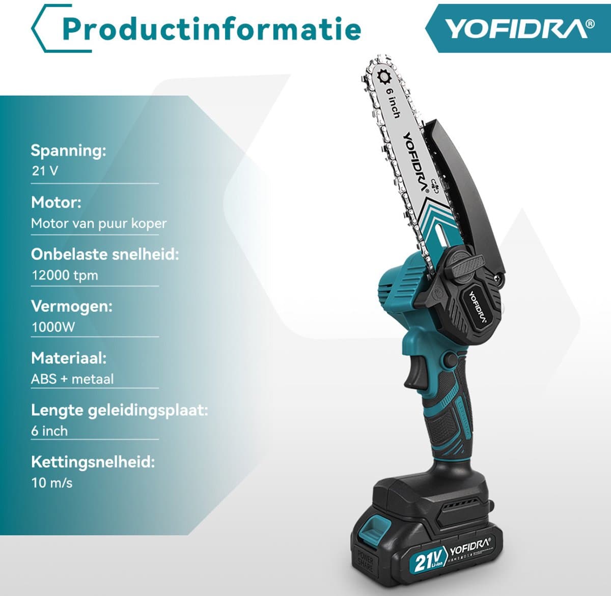 Yofidra Mini kettingzaag - 6 inch kettingzaag- met 2x accu’s - 1000W Heggenschaar - Takkenzaag - voor tuin, boomsnoeien en hout thumbnail 2