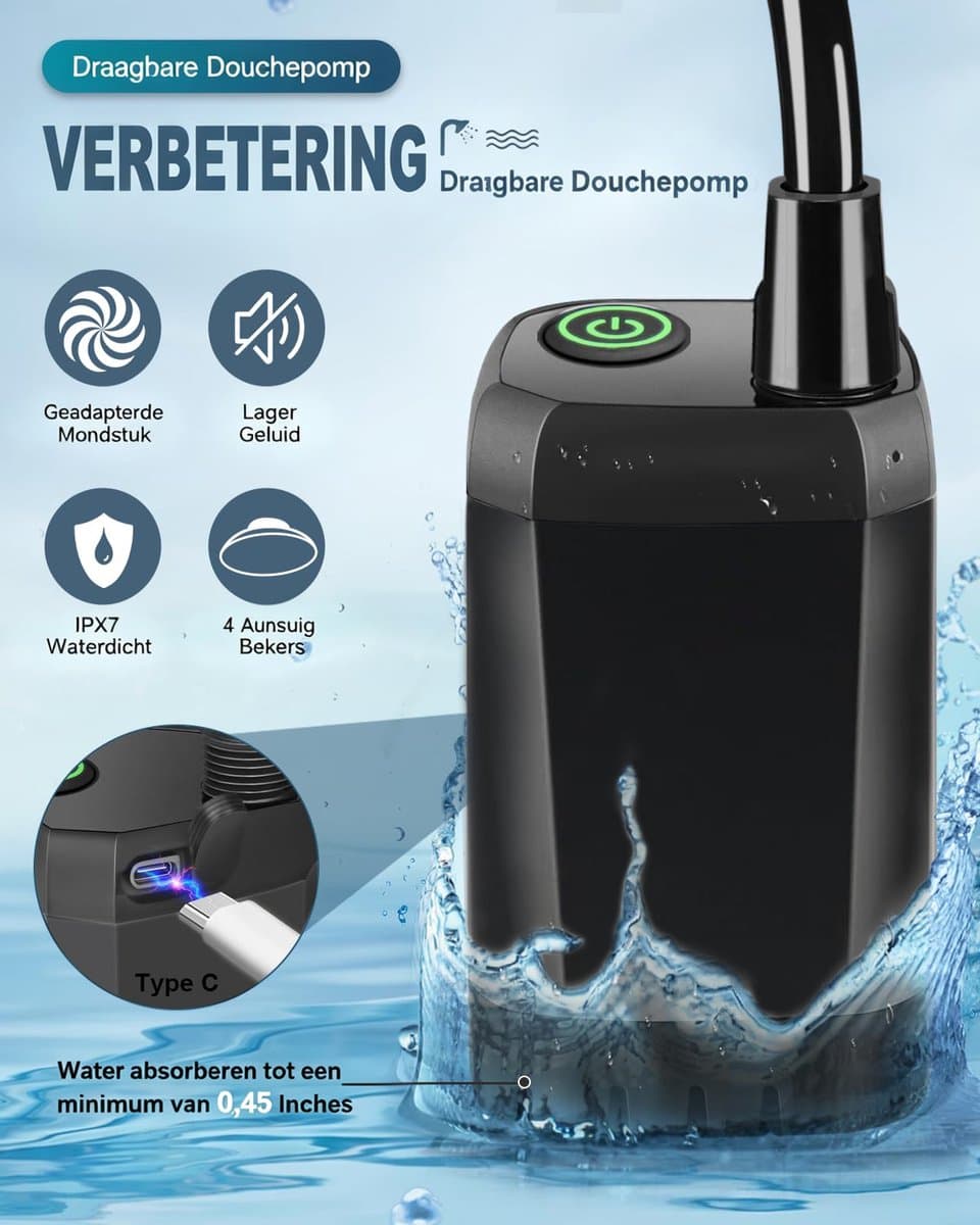 Camping Douche - Draagbare Douche - Buitendouche Camping - Buitendouche - Tuindouche - Lange Levensduur 6000mAh - Intelligente LED-display - Douchekop met 4 Sproeistanden - IPX7 Waterdicht - Voor buiten, Wandelen, Reizen, Auto en Huisdieren - Zwart thumbnail 8