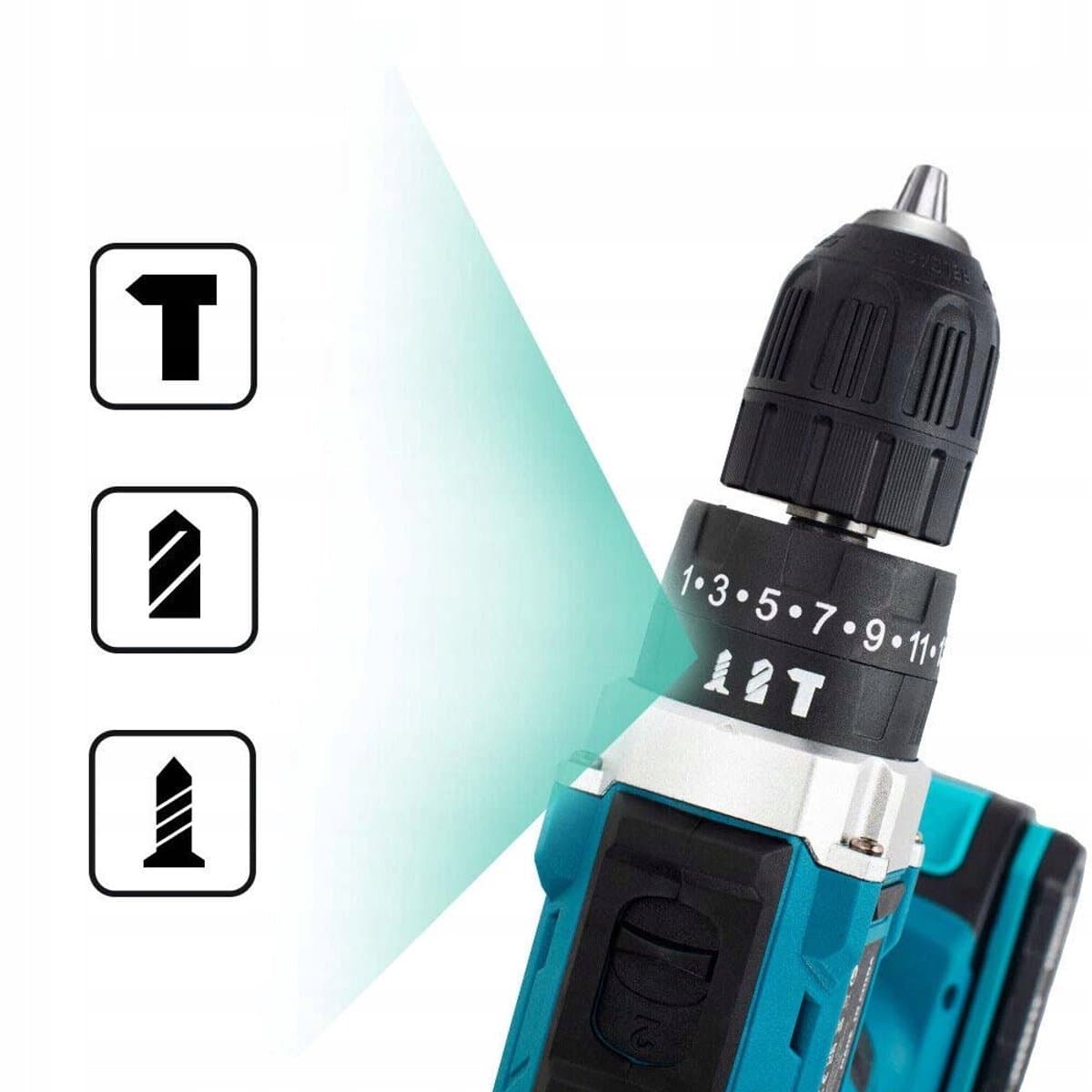 Makita-look Accuboormachine 21V Set – 2 Accu's, Snellader, 45 Nm Koppel, Sleutelloze Boorkop en 24-Delige Accessoireset thumbnail 6