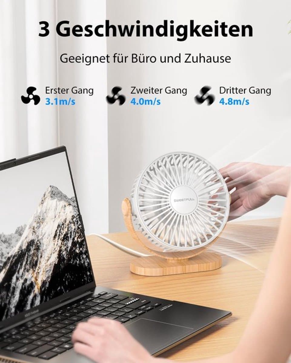 Solvix tafel ventilator geluidloos - Mini Tafelventilator - Plastic - Stil en Lichtgewicht - 3 Snelheden - Voor Thuis, Kantoor en Buiten thumbnail 3