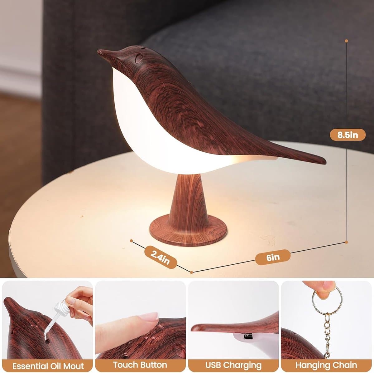 OLOEY Set van 2 kleine-schattige vogeltafellampjes-vogel-nachtlampje met aanraakbediening-draadloze nachtlamp-bureaulamp om bij te lezen-in 3 standen dimbaar-oplaadbare USB-batterij van 2600 mAh-nachtlamp voor de slaapkamer-decoratie thumbnail 7