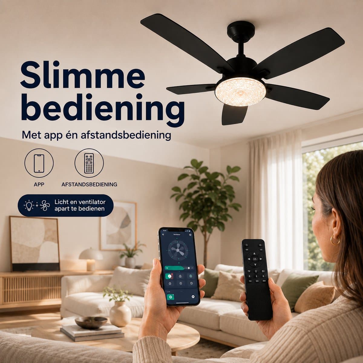 MUPOO Modern Zwart plafondventilator met verlichting Ø132 cm- plafonventilator afstandsbediening & APP -Stille DC Motor & 6 Snelheden-zomer- en winterstand-ventilator lamp plafond met Dubbelzijdige bladen Voor Woonkamer, Slaapkamer en Kantoor thumbnail 5