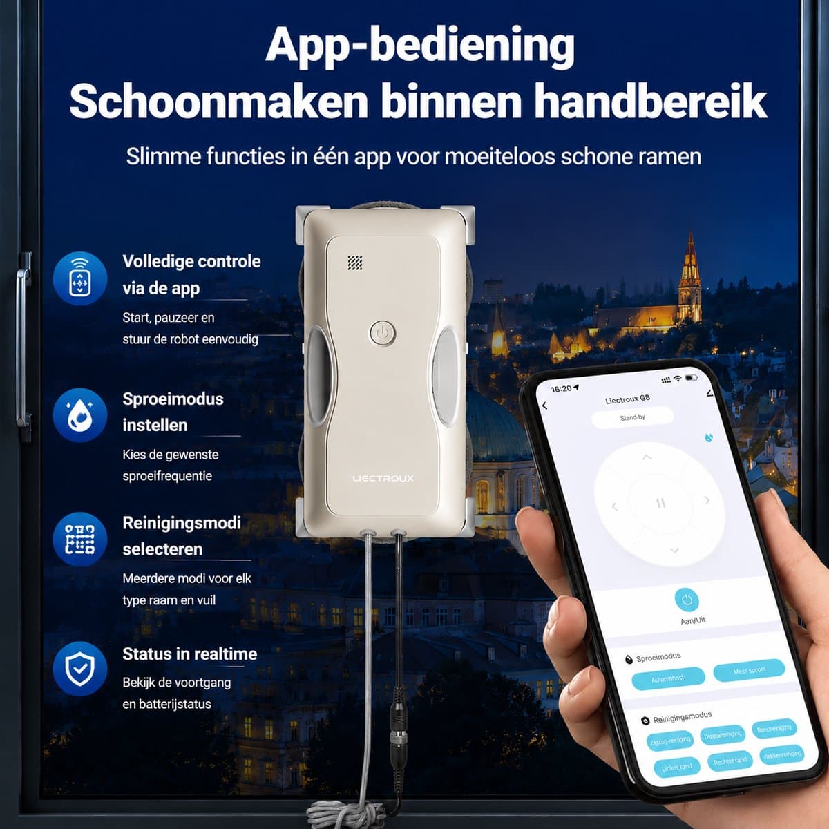 LIECTROUX G8 Raamrobot – Snelle Reiniging, Dubbele Waterspray, Bionische Wisser, AI Navigatie en Randdetectie thumbnail 8