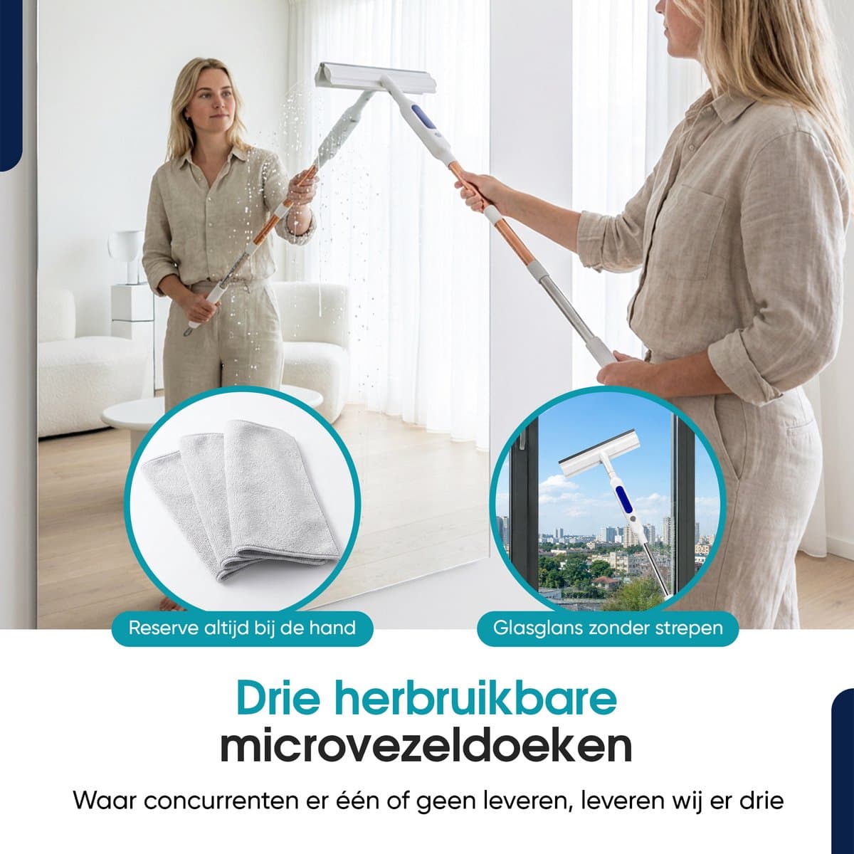 Tibagoods 4-in-1 Ramenwasser met Telescoopsteel - Ruitenreiniger - Raamwisser - Raamtrekker - Uitschuifbaar tot 146 cm - Incl. 3 microvezeldoeken - Met sprayfunctie thumbnail 3
