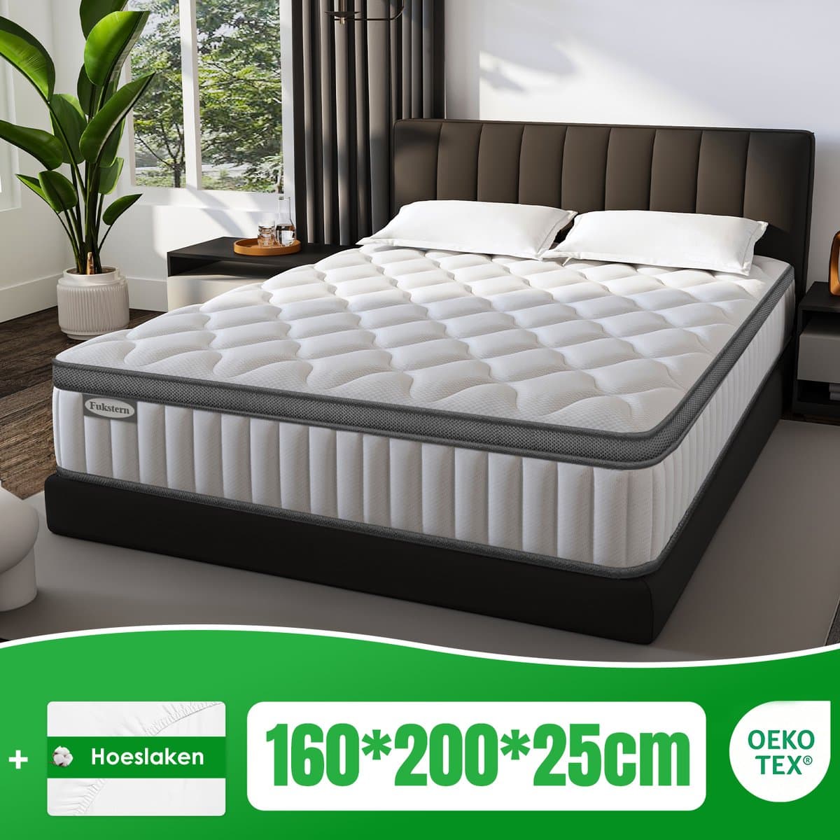 Fukstern Matras 160x200 Tweepersoons - Pocketvering Matras 25cm Dik - 7 zones - OEKO-TEX Gecertificeerd - Anti-Allergische - Orthopedisch Eenpersoonsmatrassen - H3/H4 Medium Hard - 10 Lagen Hoogwaardige Materialen - Voor Kinderen en Volwassenen