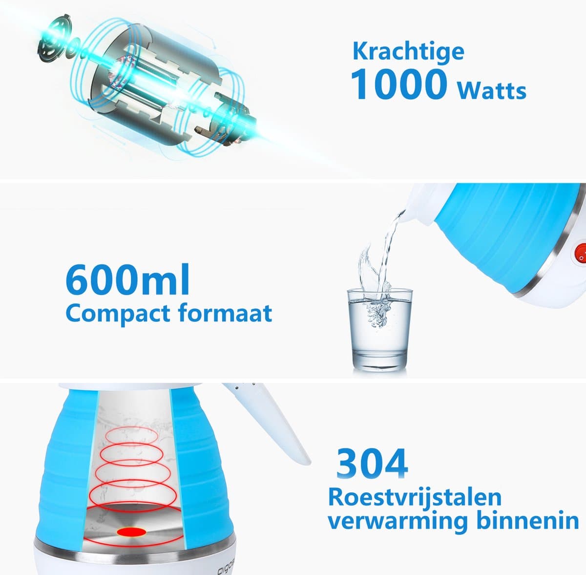 Aigostar Opvouwbare Mini Waterkoker 0,6L – Reis & Camping, Dual Voltage, BPA-vrij thumbnail 4