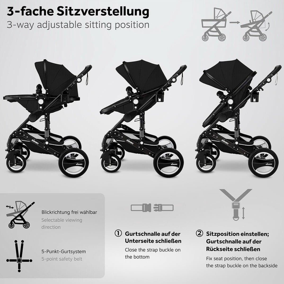 KIDUKU- 3 in 1 combi-kinderwagen- zwart- buggy incl. autostoeltje-regenhoes- inklapbaar thumbnail 8