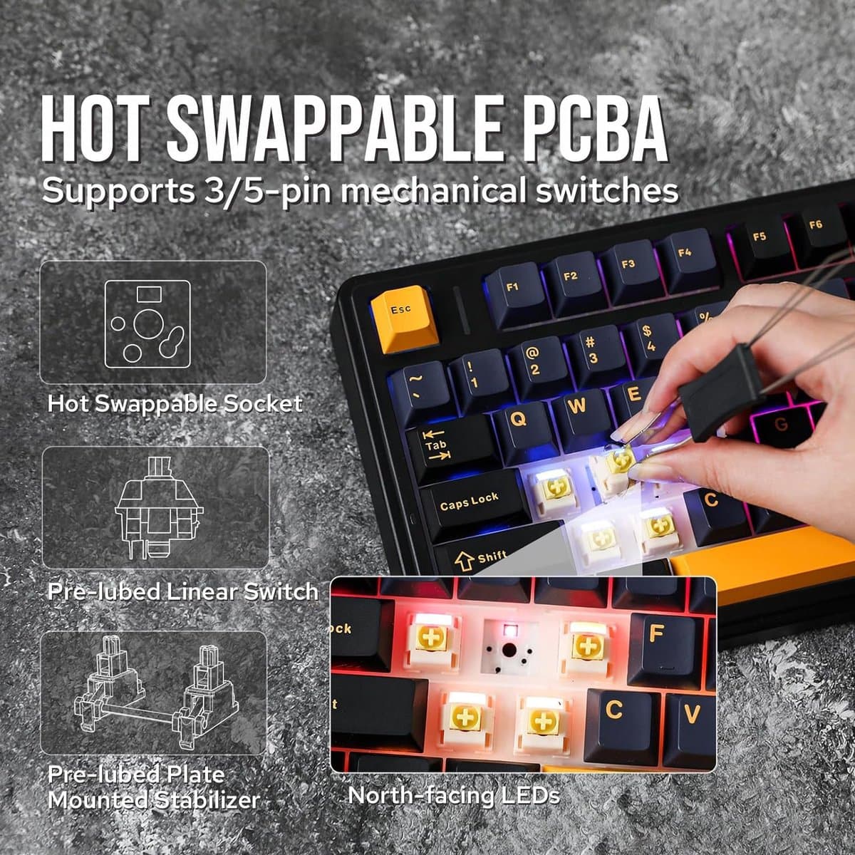 AULA F75 - Draadloze Gaming Toetsenbord - Mechanisch - Gasket - Hot Swap - QWERTY Toetsenborden - Tri mode - 80 Keys - Donder zwart thumbnail 5