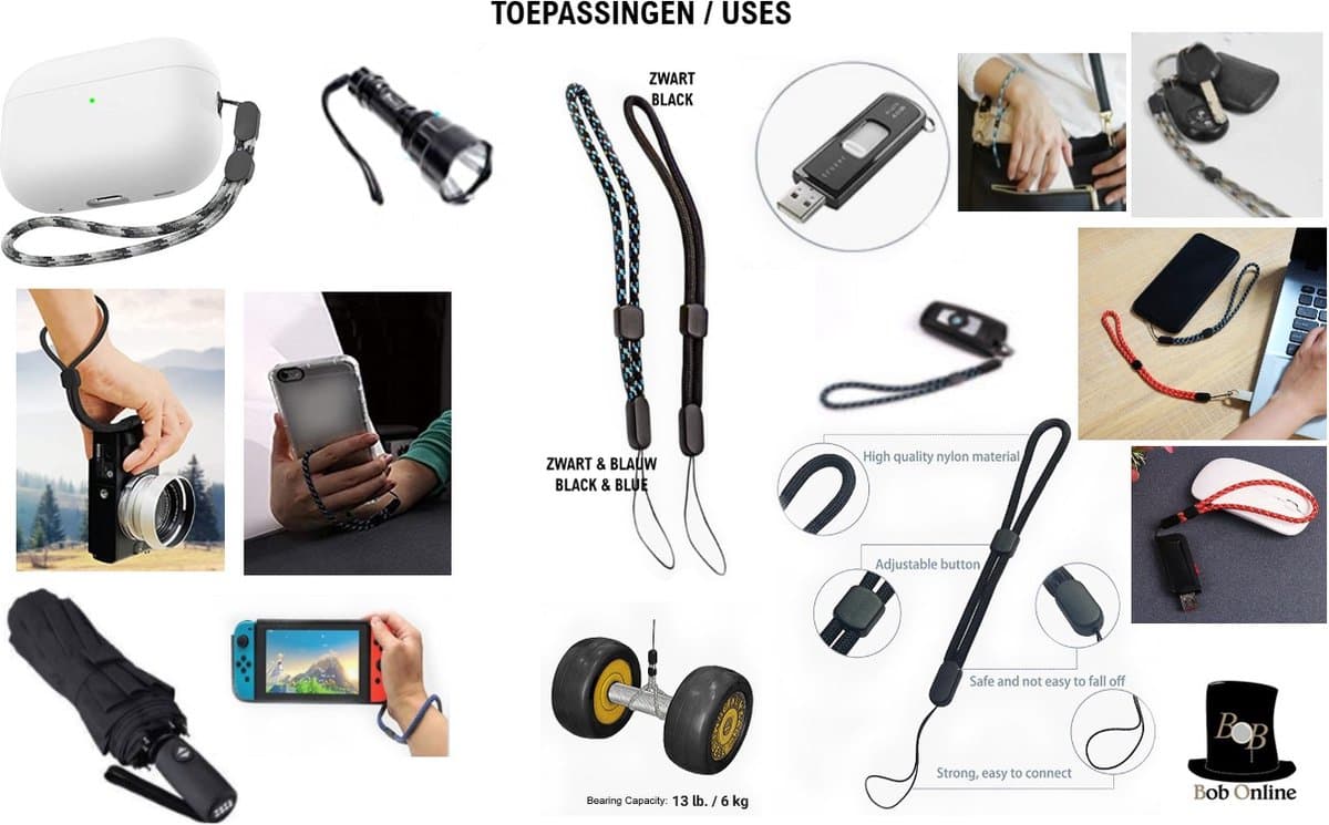 Bob Online ™ - 2 Stuks (Blauw & Zwart) – Multifunctioneel Verstelbaar Polskoord – Verstelbare Pols Lanyard – Telefoonkoord – Camera Polskoord – USB-Stick Polskoord – AIRPODS Houderkoord – Zaklampkoord – 2 Pcs (Blue & Black) Multifunctional Adjustable thumbnail 3