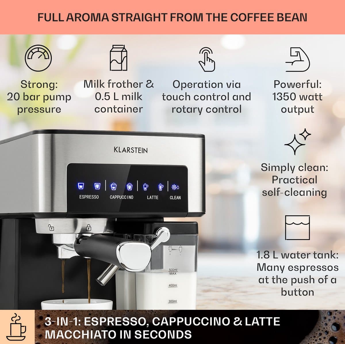 Klarstein Koffiemachine Espresso Pistonmachine met Melkopschuimer, 1,8 L Mini Espressomachine met Piston, 20 Bar RVS Compact, Melkreservoir, 1350 W Koffiemachine voor Gemalen Koffie - Stoompijpje Touch LED - Coffee Machine thumbnail 5