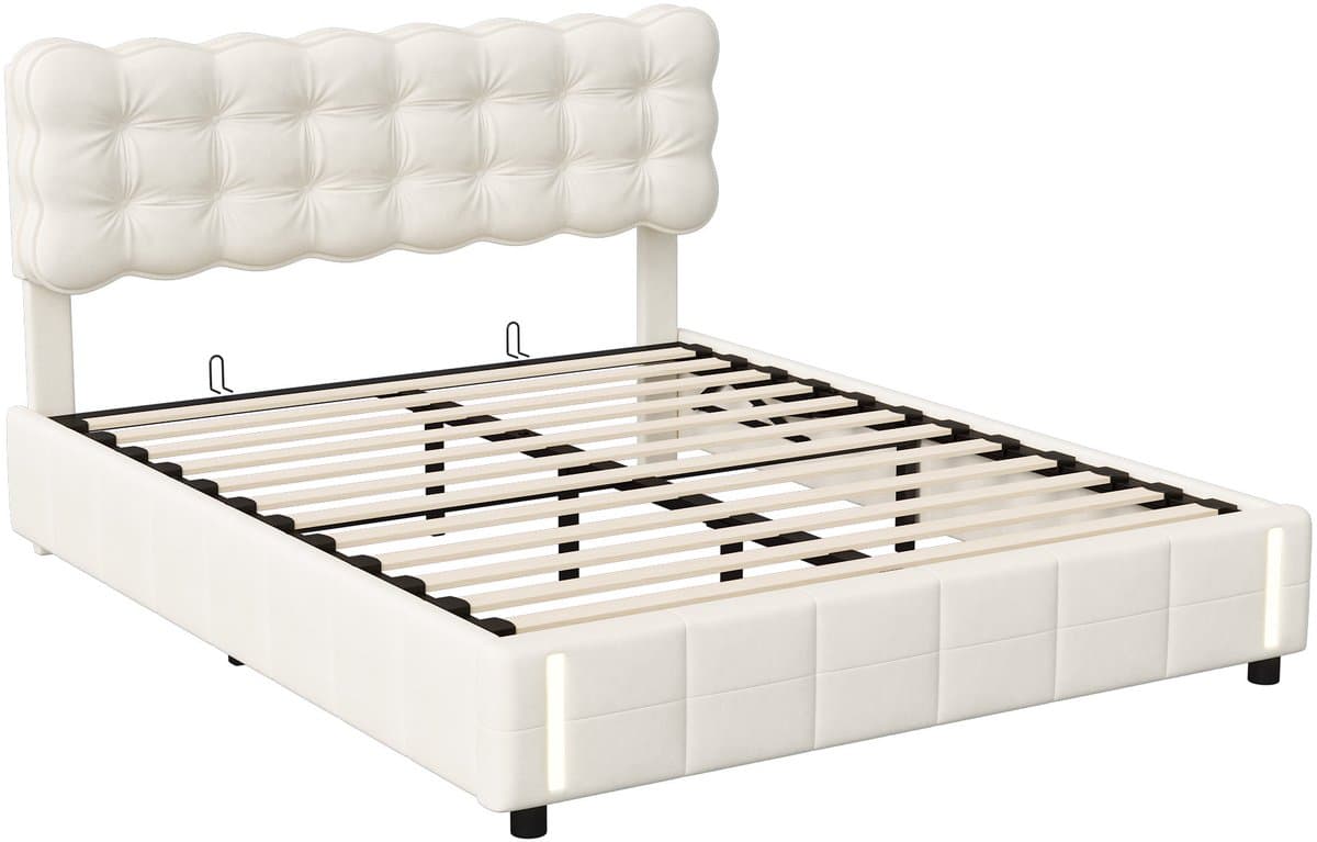 Opbergbed 160x200 cm beige fluweel met hydraulische opbergruimte, LED-verlichting en gestoffeerd hoofdbord, modern tweepersoonsbed thumbnail 3